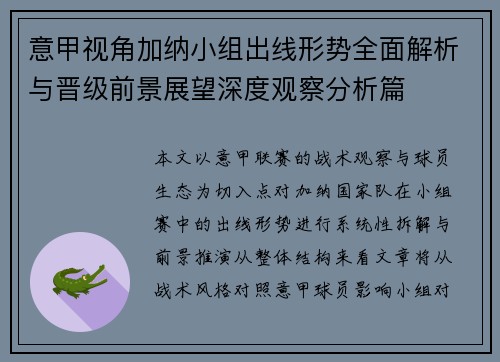 意甲视角加纳小组出线形势全面解析与晋级前景展望深度观察分析篇